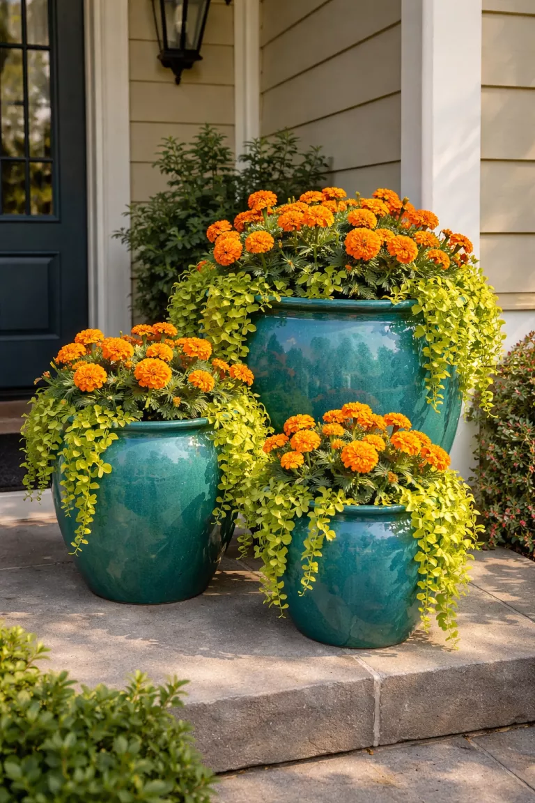 A realistic photo of a front yard where a group of three turquoise ceramic pots of different sizes sit on a porch, the pots overflow with orange marigolds and creeping Jenny, the sunlight highlights the glossy finish of the colorful pottery.
