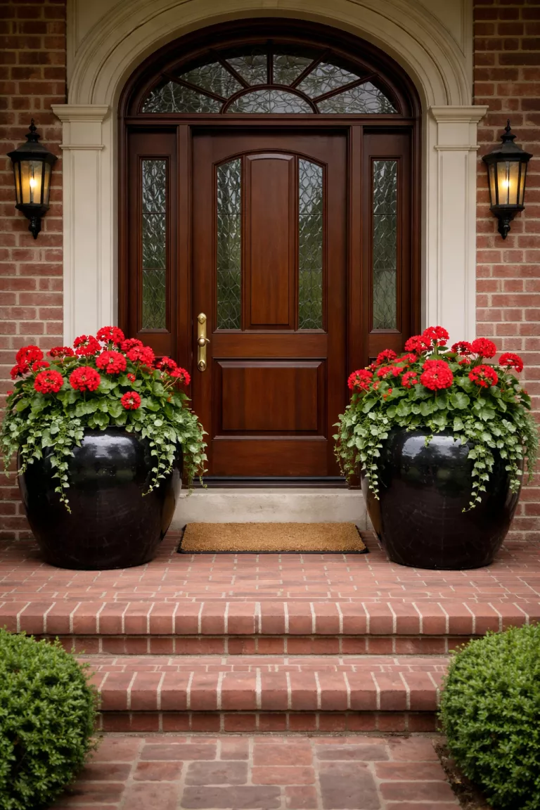 A realistic photo of a front yard showing two massive identical black ceramic pots filled with bright red geraniums and trailing ivy sitting on either side of a grand wooden front door, the symmetrical arrangement creates a formal and balanced look on the brick porch.