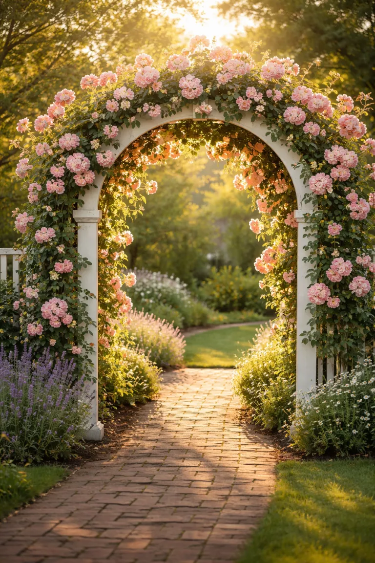 A realistic photo of a front yard where a white wooden trellis arch spans over a brick walkway covered in climbing pink roses, the flowers bloom in thick clusters against the bright green leaves, the afternoon sun creates a warm glow through the delicate petals.