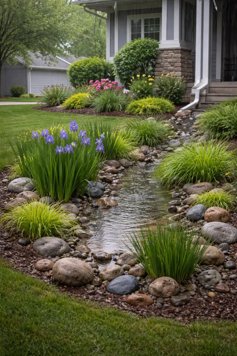 A realistic photo of a front yard featuring a shallow depression filled with river rocks and water loving plants like blue flag iris and sedges, the area is designed to catch runoff from a nearby downspout during a gentle rain shower.