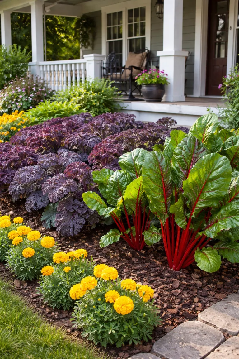 A realistic photo of a front yard where kale with ruffled purple leaves and bright red swiss chard grow in a neat row in front of a porch, the edible greens look ornamental and healthy next to a few yellow marigolds in the bright sun.