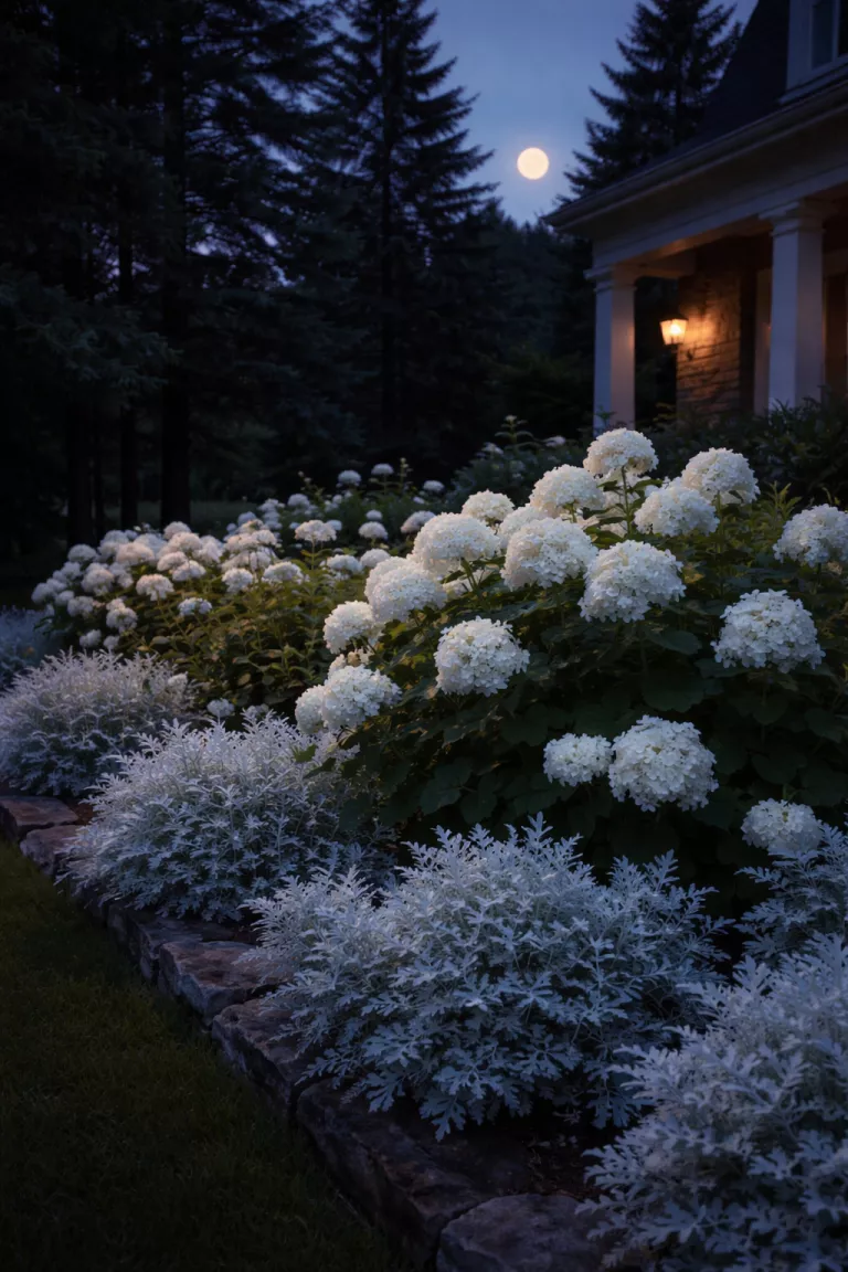 A realistic photo of a front yard at dusk where white hydrangeas and silver dusty miller plants seem to glow in the fading light, the pale blossoms stand out against the dark shadows of the evergreen trees in the background under a rising moon.