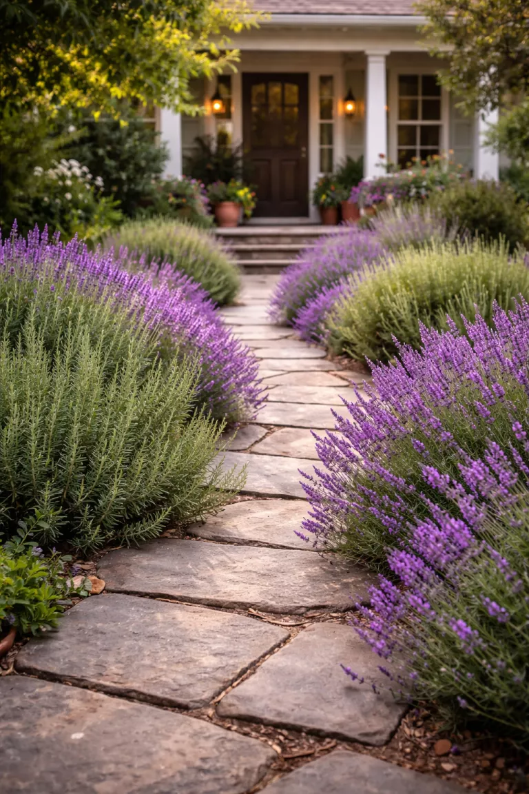 A realistic photo of a front yard where a stone path is lined with thick bunches of purple lavender and green rosemary, the plants spill over the walkway edges, the scene looks sensory and inviting with a light breeze moving through the aromatic foliage.