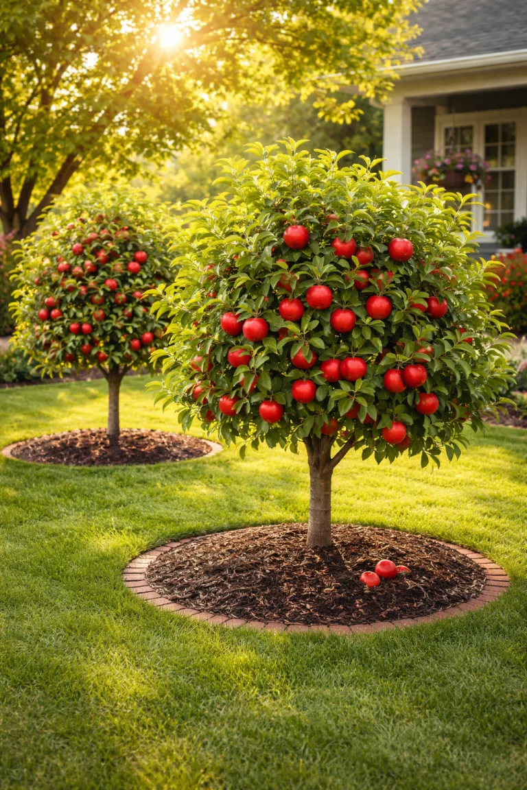 A realistic photo of a front yard with two small dwarf apple trees laden with bright red fruit, the trees are planted in neat circular mulch beds on a green lawn, the sun shines through the green leaves and highlights the ripening apples.