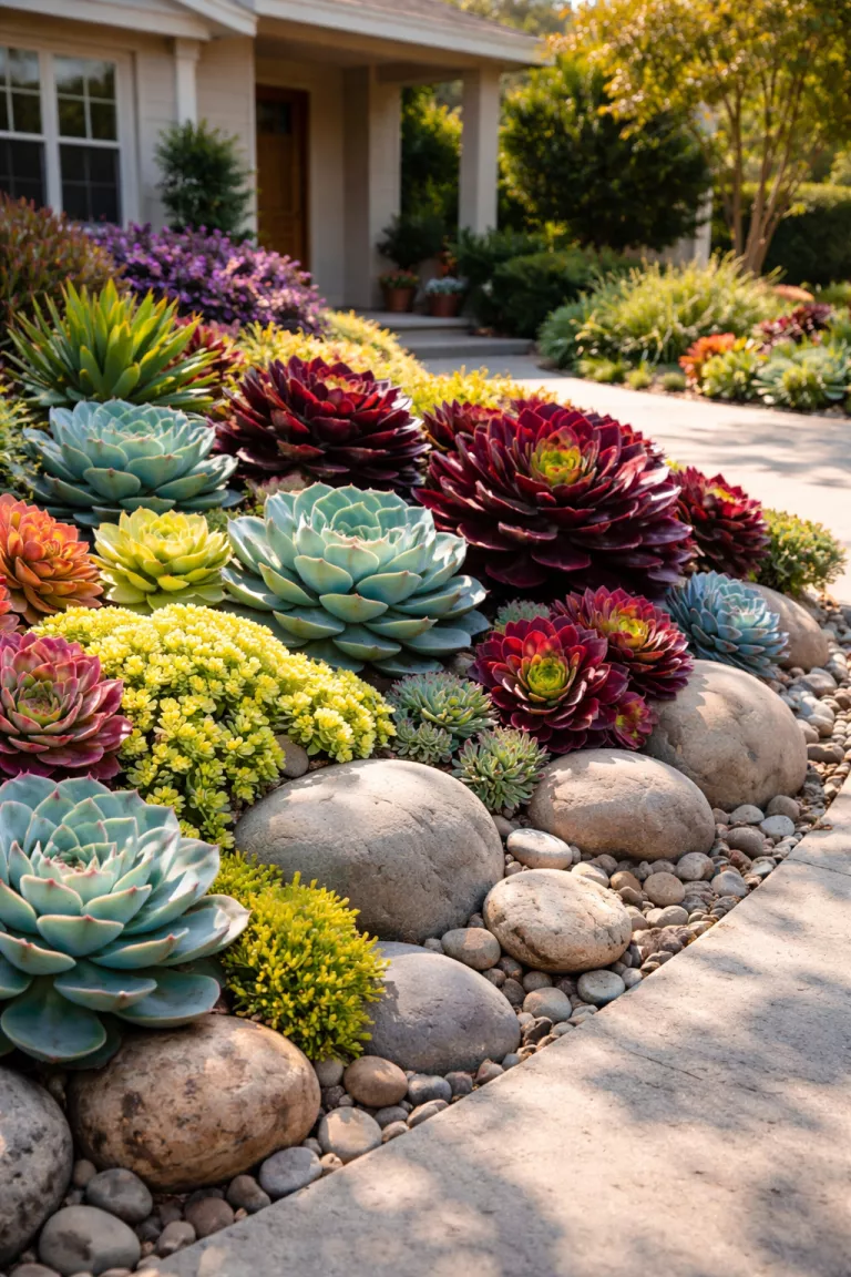 A realistic photo of a front yard filled with a variety of colorful succulents in shades of teal and burgundy and lime green, the plants sit nestled between large smooth river rocks, the arrangement looks artistic and thrives in the warm bright sunlight.