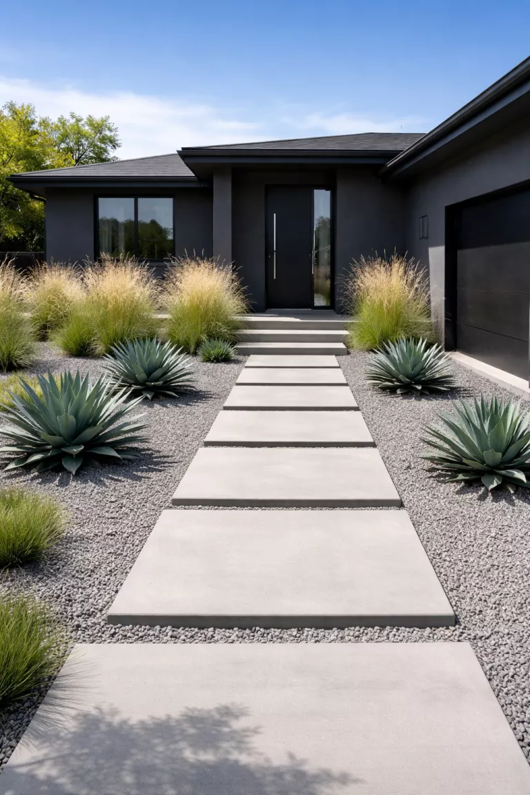 A realistic photo of a front yard featuring minimalist grey gravel ground cover with structural agave plants and tall ornamental grasses, large rectangular concrete pavers create a path, the design looks clean and sophisticated against a dark grey contemporary home exterior under a bright blue sky.