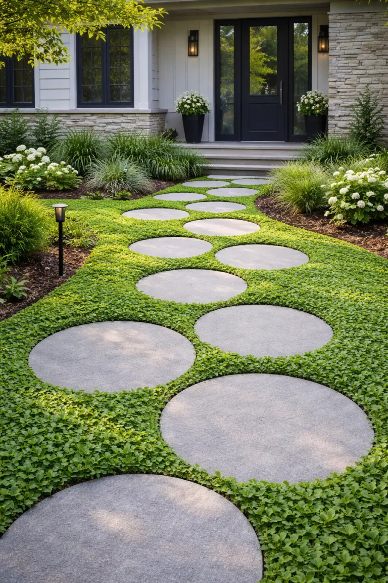 A realistic photo of a front yard featuring large circular grey stone pavers set into a bed of vibrant green ground cover, the path curves gently toward a modern front door, the contrast between the stone and the greenery looks fresh and clean.