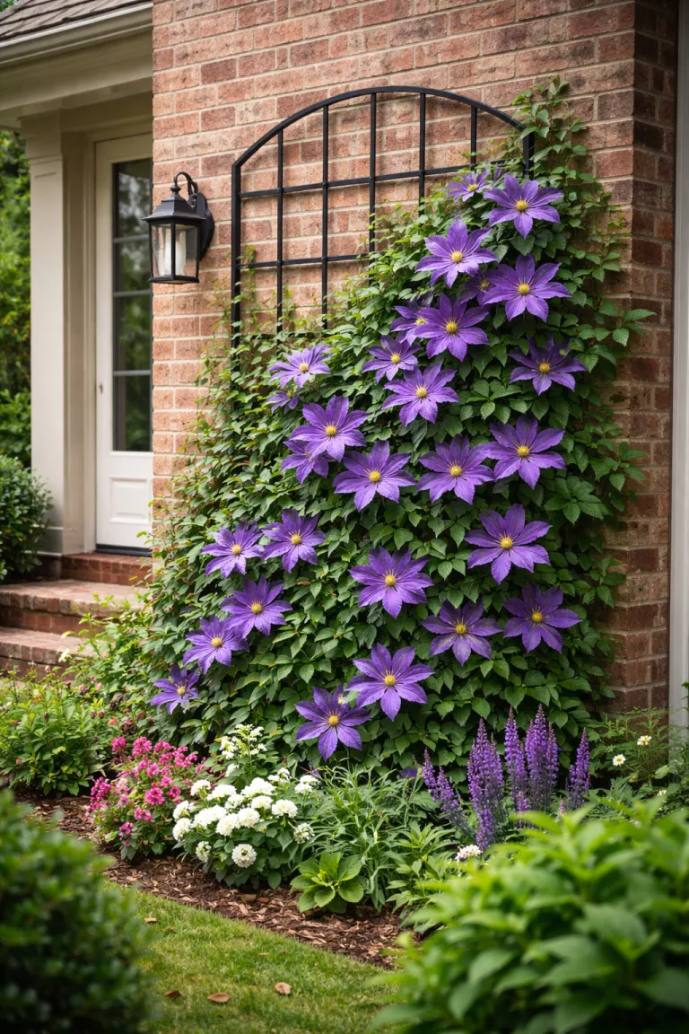 A realistic photo of a front yard with a dark metal trellis attached to a brick wall, a clematis vine with large purple flowers climbs the structure and covers half the wall in green leaves and blossoms, the scene looks vertical and lush.