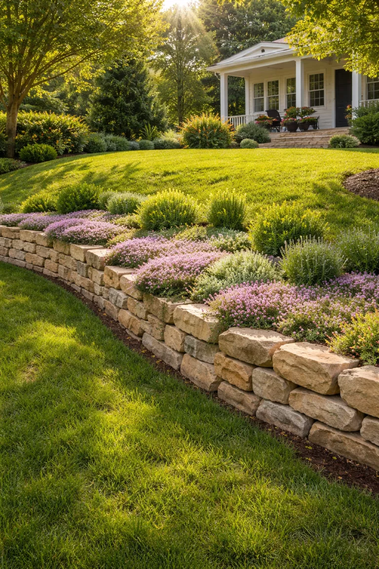 A realistic photo of a front yard featuring a low terrace built from natural tan flagstone holding back a bed of creeping thyme and small shrubs, the stones look rugged and earthy, the wall follows the gentle slope of the grassy hill under a bright sun.
