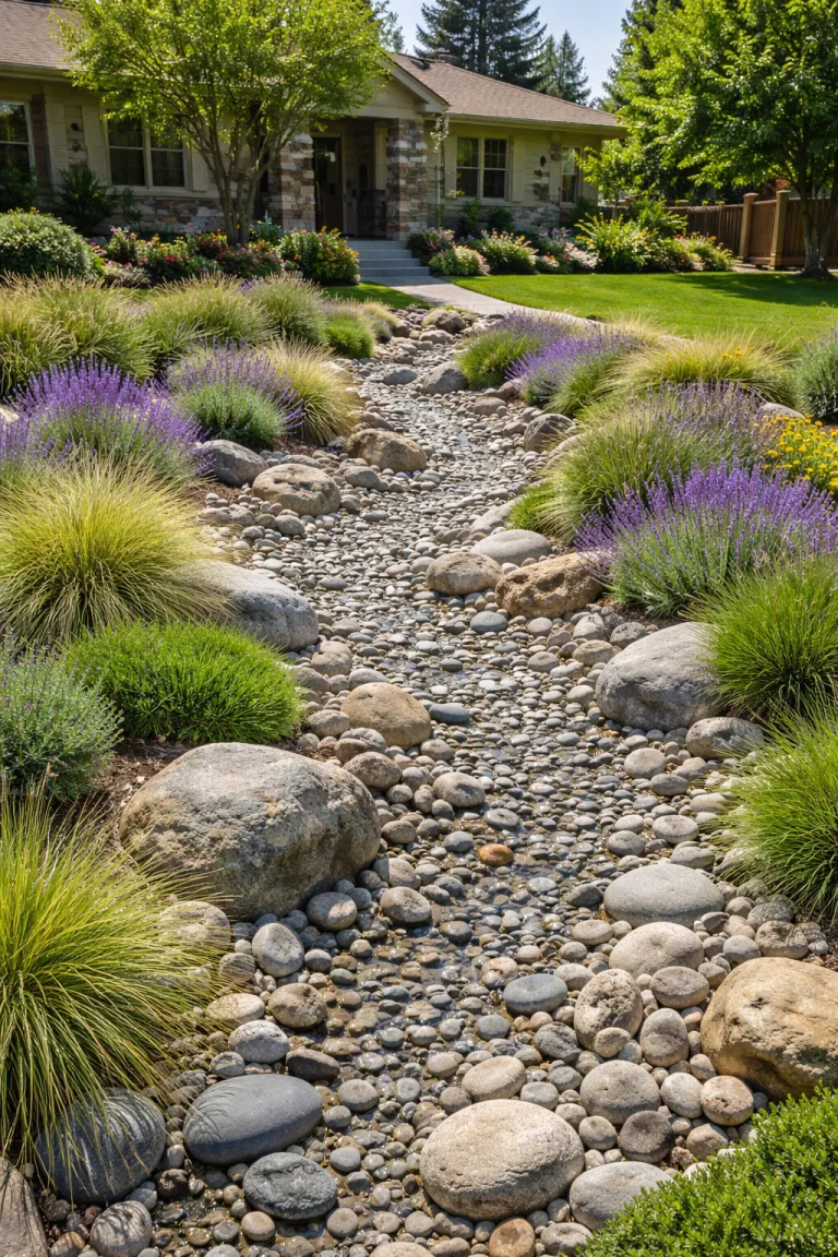A realistic photo of a front yard with a winding dry creek bed made of various sized gray river rocks and small boulders, meandering through a garden of ornamental grasses and purple lavender, under a bright sun.