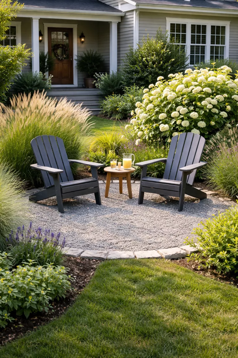 A realistic photo of a front yard featuring a small circular gravel patio with two modern Adirondack chairs, a small wooden side table with a glass of lemonade, surrounded by tall ornamental grasses and a flowering hydrangea bush.