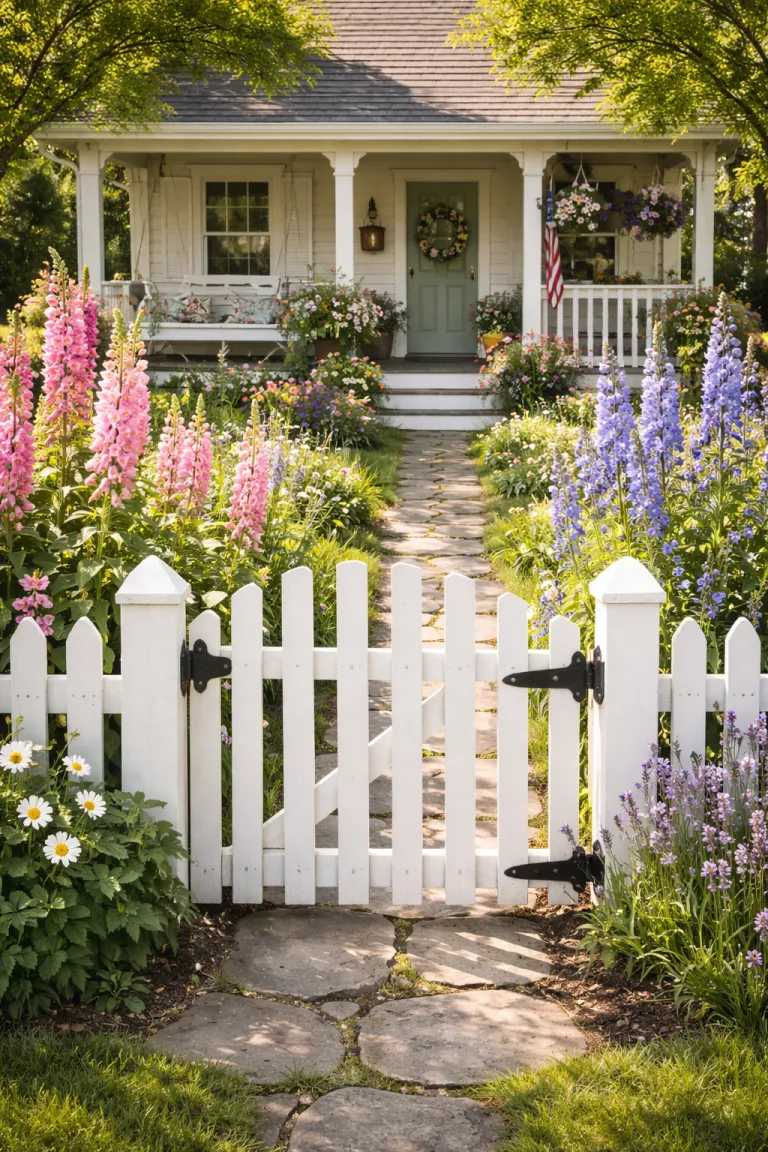 A realistic photo of a front yard with a charming white picket fence enclosing a garden full of tall pink foxgloves and blue delphiniums, a small gate with a black latch, and a stone path leading toward a cozy cottage with a porch swing.