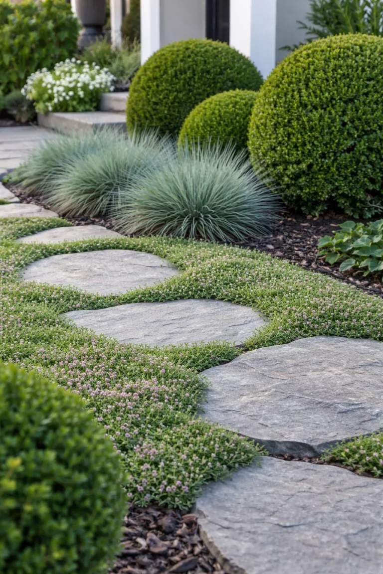A realistic photo of a front yard where a patch of soft green creeping thyme grows between flat gray stones, contrasting with the spiky texture of nearby blue fescue grass and smooth rounded boxwood shrubs.