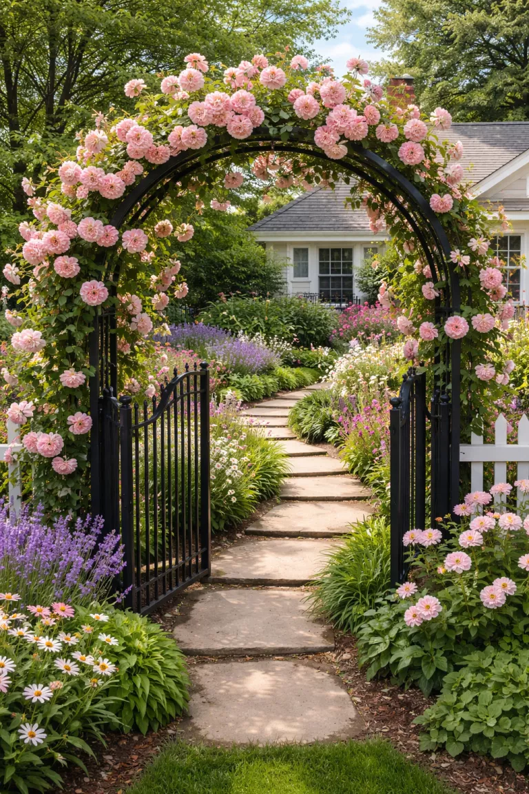 A realistic photo of a front yard featuring a dark metal arched trellis over a garden gate, covered in climbing pink roses in full bloom, leading to a path of tan stepping stones through a lush flower garden.