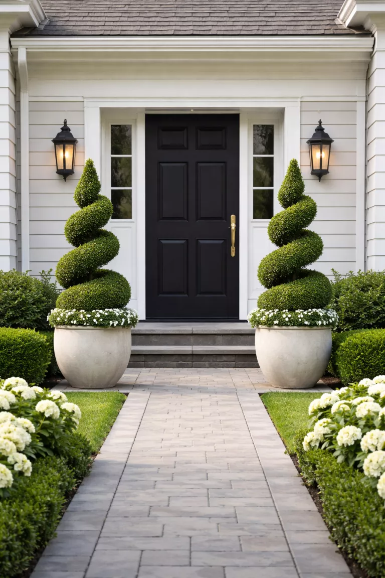 A realistic photo of a front yard with two identical large ceramic pots containing manicured spiral topiaries flanking a black front door, matching outdoor wall lanterns on either side, and a perfectly centered stone walkway.