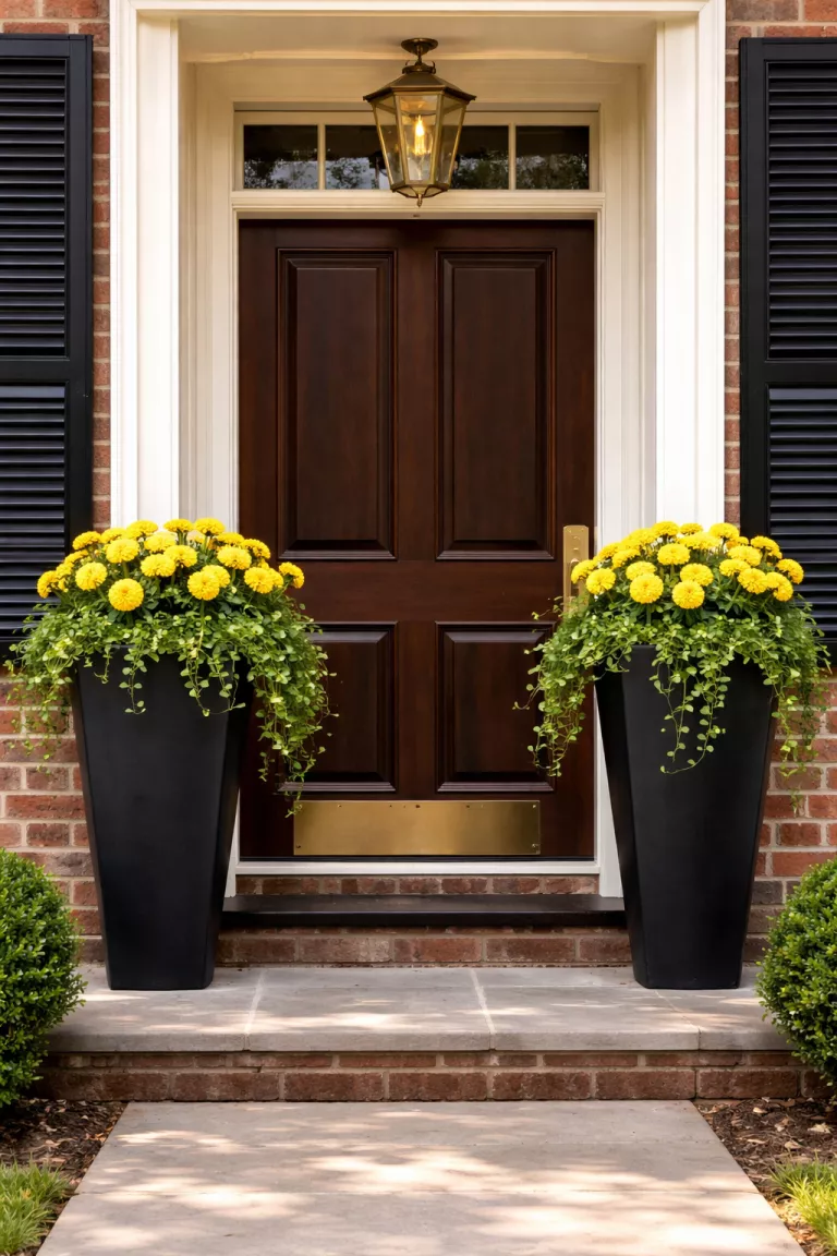 A realistic photo of a front yard showcasing two elegant black tapered resin planters flanking a dark wood front door, filled with bright yellow marigolds and spilling green ivy, while glossy black shutters and a clean brick facade provide a classic and polished backdrop.