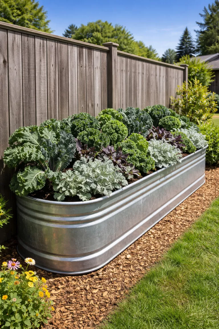 A realistic photo of a front yard featuring a long silver galvanized metal livestock trough repurposed as a garden bed, filled with a lush variety of kale and silver dusty miller plants, positioned against a weathered grey cedar fence under a bright blue sky.