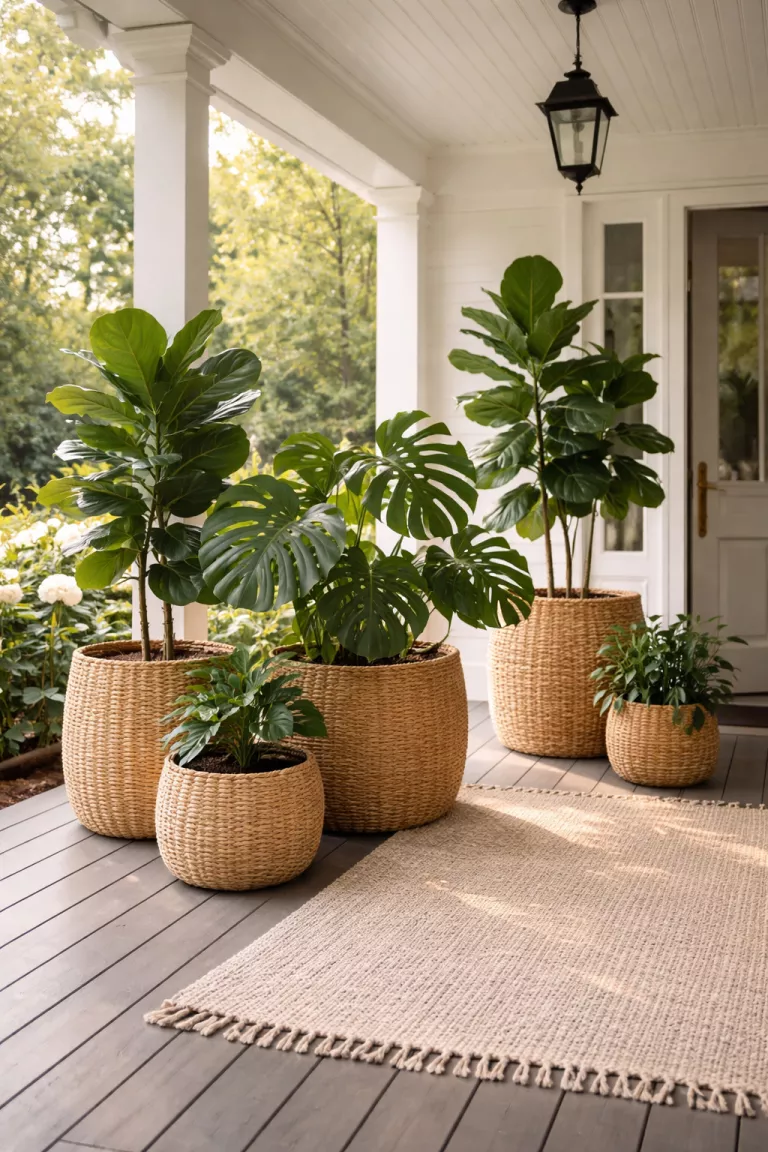 A realistic photo of a front yard featuring a collection of natural seagrass baskets used as planters on a covered wooden porch, filled with large leafy monsteras and fiddle leaf figs, while a soft woven outdoor rug sits nearby in the morning light.