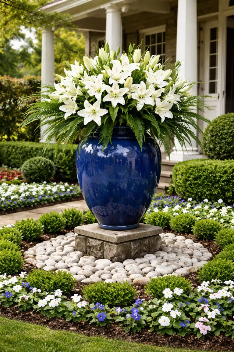 A realistic photo of a front yard showing a large royal blue glazed ceramic urn sitting on a stone pedestal, filled with a grand arrangement of white lilies and dark green ferns, surrounded by a circle of small white river stones in a manicured flower bed.