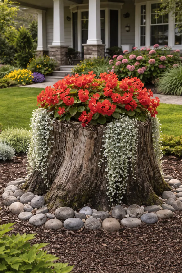 A realistic photo of a front yard featuring a weathered tree stump that has been hollowed out and planted with a thick cluster of bright red begonias and trailing silver dichondra, surrounded by a ring of small grey river rocks.