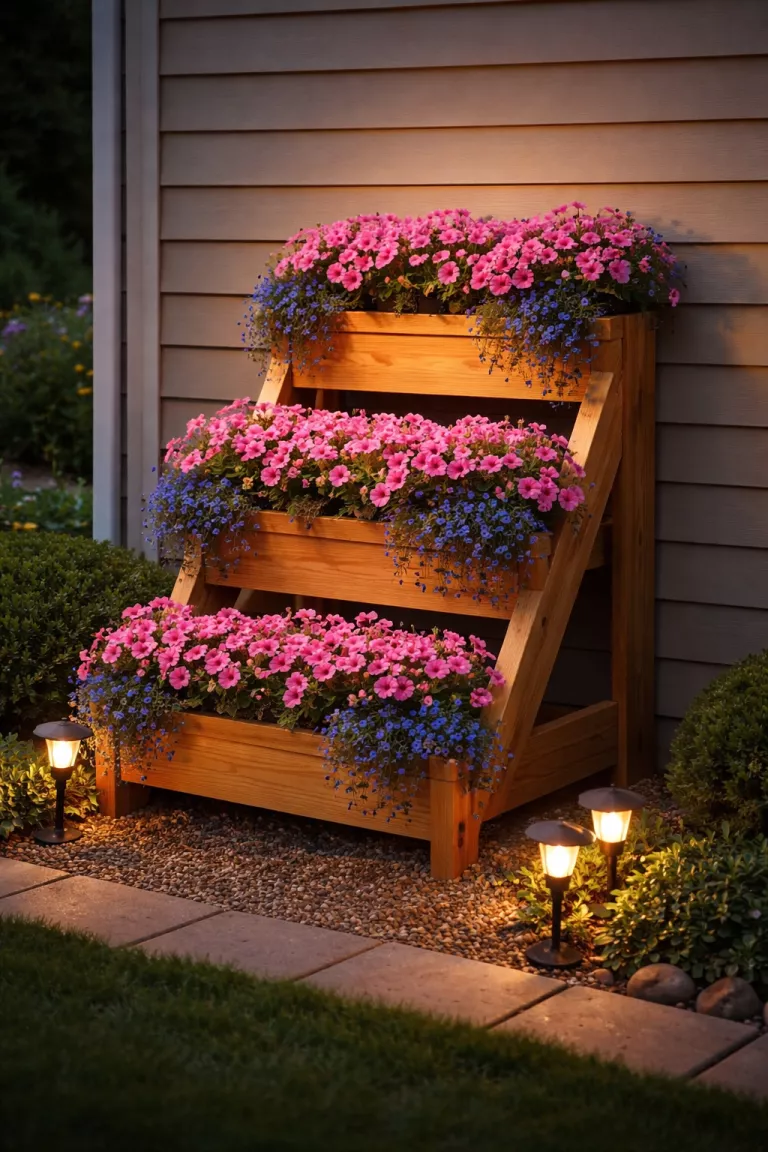 A realistic photo of a front yard displaying a three tiered cedar wood planter stand climbing upward against a tan siding wall, bursting with pink petunias and blue lobelia, with a neat gravel path and small solar lights illuminating the base in the evening.