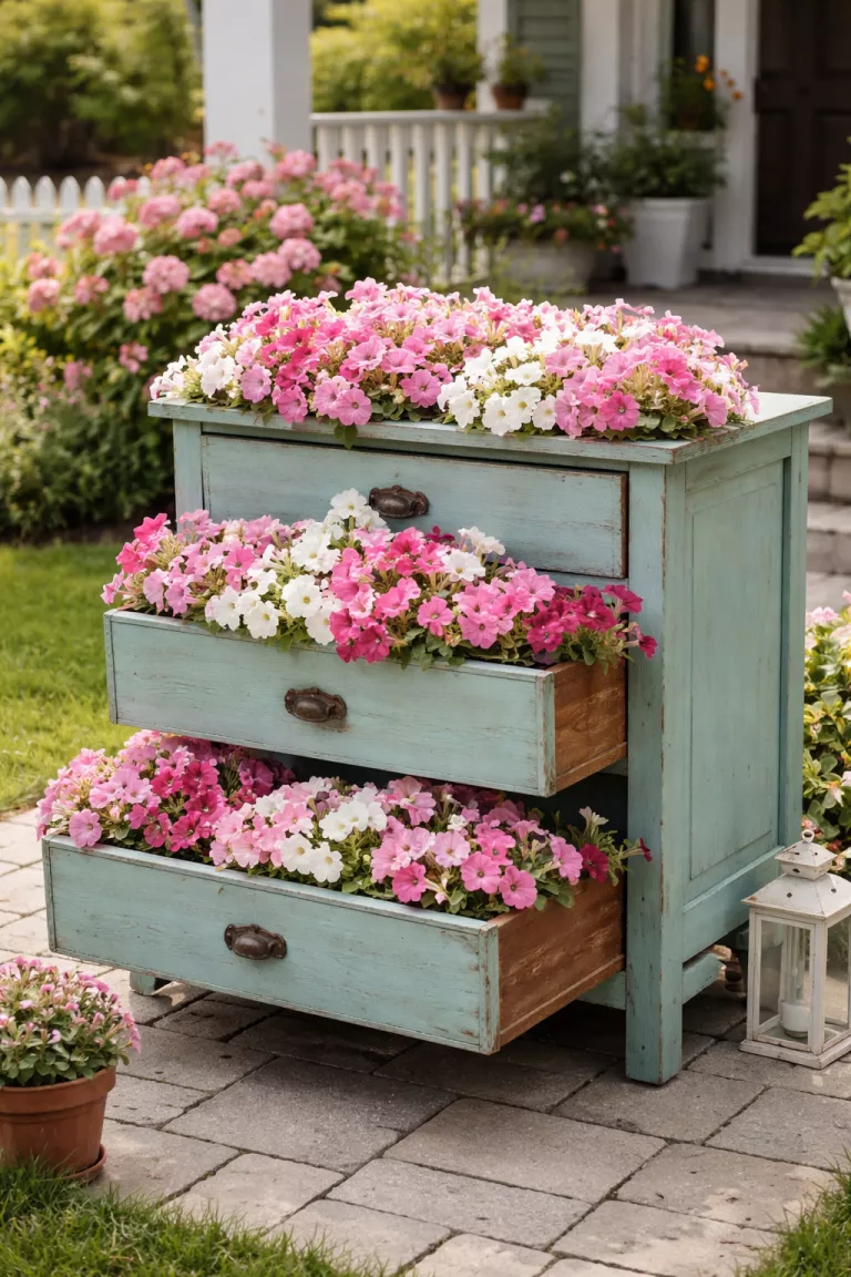 A realistic photo of a front yard with an old wooden three drawer chest painted a soft teal, with each drawer pulled out at a different length and overflowing with various pink and white petunias, sitting on a neat stone patio.