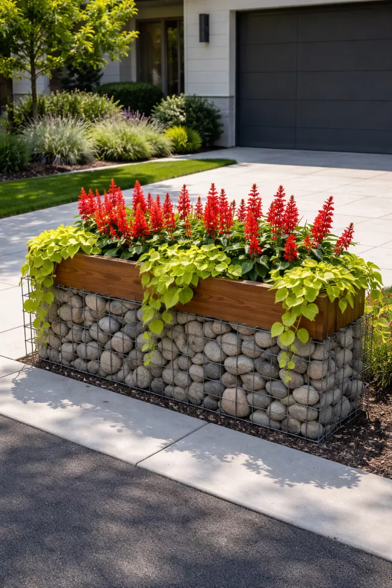 A realistic photo of a front yard showing a rectangular wire gabion cage filled with smooth river stones, with a wooden planter box nestled on top containing bright red salvia and lime green sweet potato vine, positioned along a modern driveway.