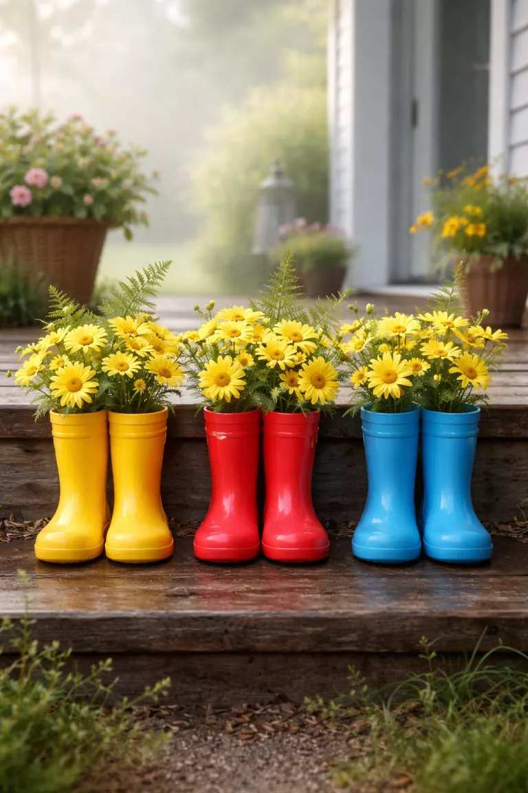A realistic photo of a front yard featuring three pairs of brightly colored children's rain boots in yellow, red, and blue, lined up on a wooden porch step and filled with cheerful yellow daisies and green ferns in the morning mist.