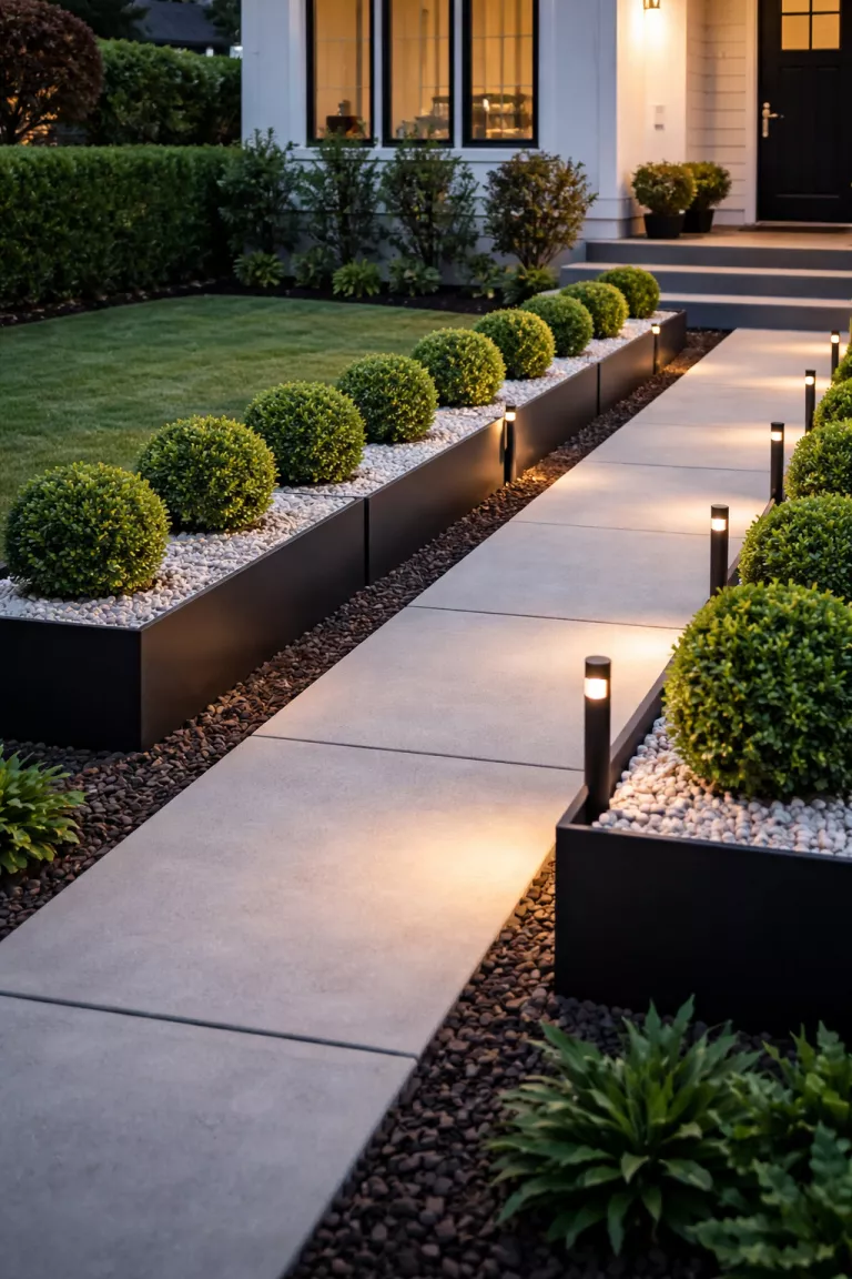 A realistic photo of a front yard showing long rectangular black powder coated steel planters lining a concrete walkway, filled with perfectly spaced green boxwood shrubs and topped with white decorative gravel, under the glow of modern path lights at dusk.