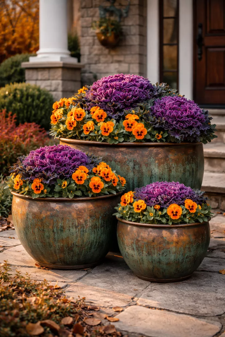 A realistic photo of a front yard featuring three various sized copper planters with a slight green patina, huddled together on a stone patio and filled with dark purple ornamental kale and orange pansies in the late autumn light.