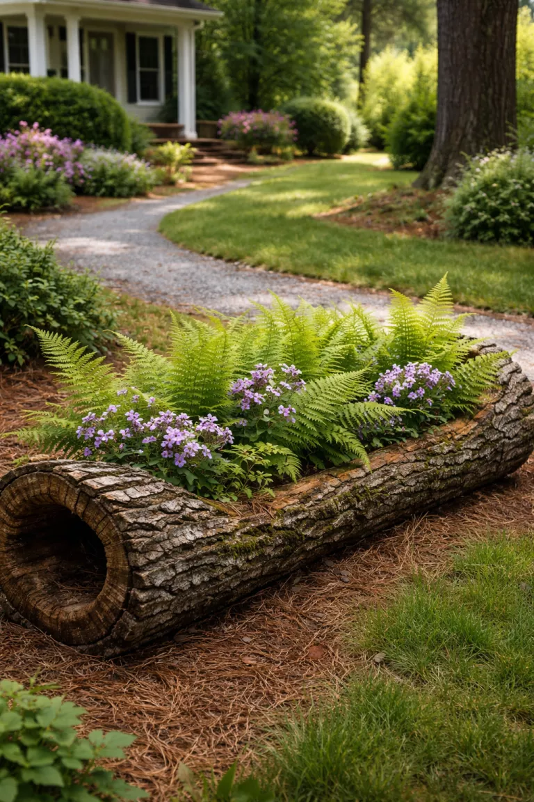 A realistic photo of a front yard featuring a large fallen oak log with a hollowed out center, filled with a lush variety of forest ferns and purple woodland flowers, resting on a bed of pine needles near a gravel path.
