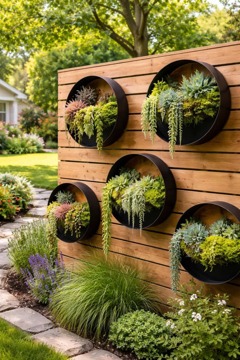 A realistic photo of a front yard with several circular black metal planters mounted directly onto a wooden slat fence, each containing a different variety of trailing succulents and bright green moss, against a backdrop of a sunny garden.