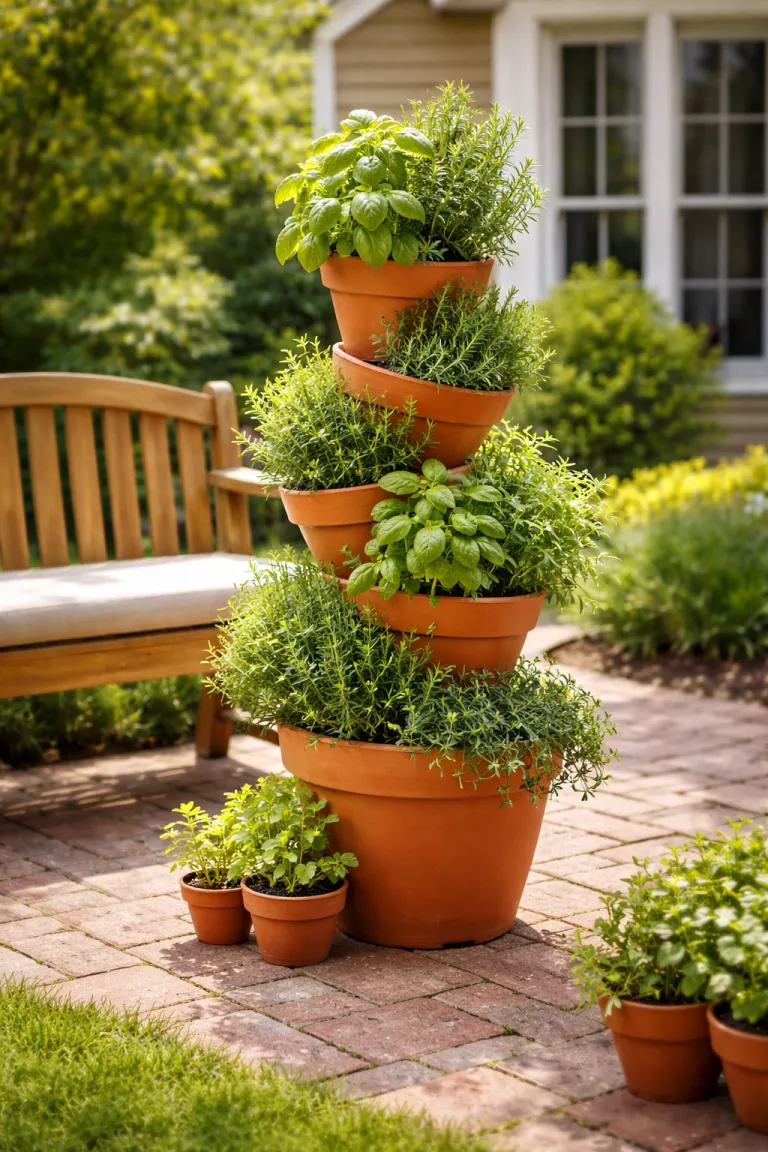 A realistic photo of a front yard featuring a vertical stack of orange terracotta pots in graduating sizes, creating a tower overflowing with various green herbs like basil and rosemary, placed on a sunny brick patio next to a wooden bench.