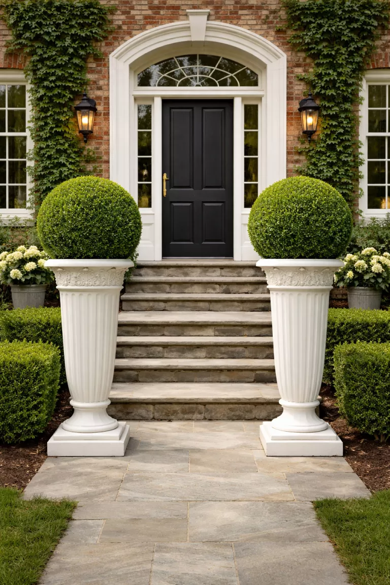 A realistic photo of a front yard showcasing two tall white fluted pedestal planters standing on either side of a wide stone staircase, each holding a perfectly manicured boxwood sphere, with a backdrop of a grand traditional brick home and ivy.