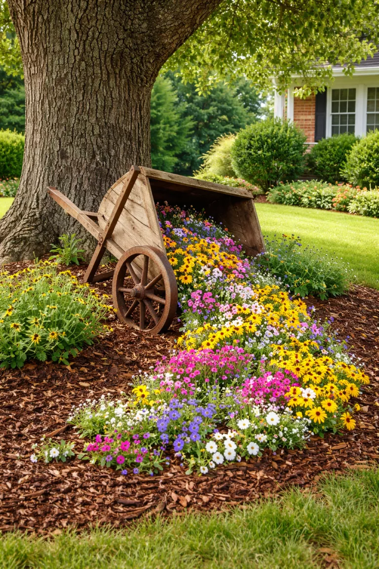 A realistic photo of a front yard featuring an antique wooden wheelbarrow tipped slightly on its side, with a spill of colorful wildflowers and yellow daisies appearing to flow out onto a bed of dark brown mulch under a large oak tree.