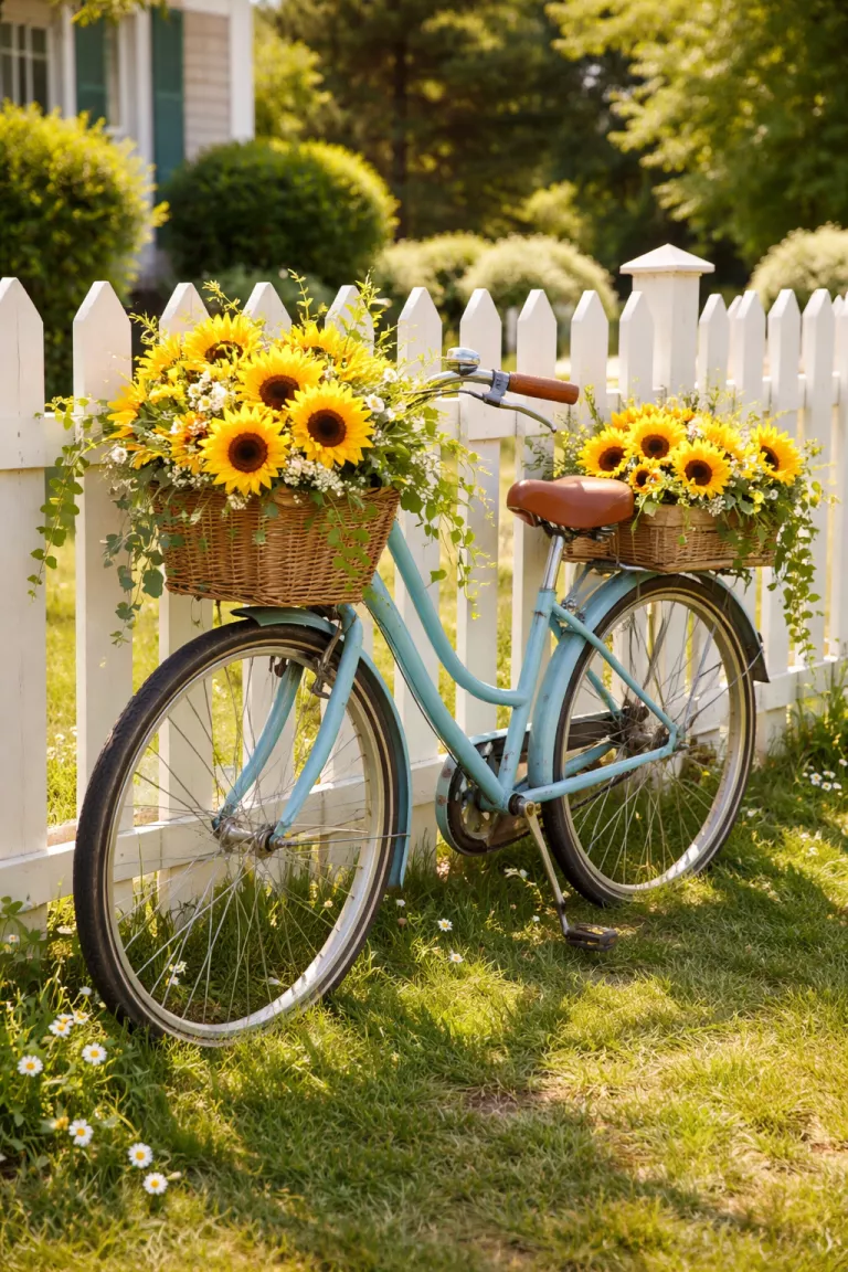 A realistic photo of a front yard featuring an old fashioned light blue bicycle leaning against a white picket fence, with both its front basket and rear rack overflowing with bright sunflowers and trailing green ivy in the summer sun.