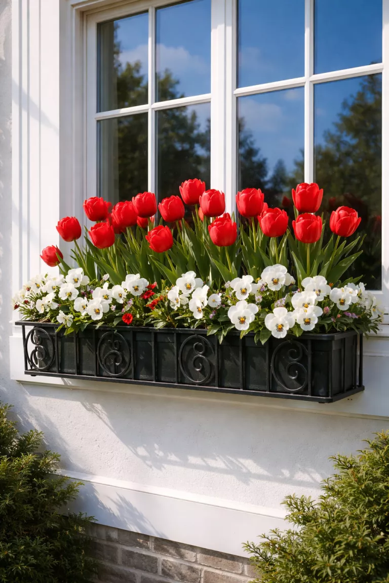 A realistic photo of a front yard highlighting a black wrought iron window box attached to a snowy white windowsill, overflowing with red tulips and white pansies, with the reflection of a clear blue sky visible in the glass of the window panes.