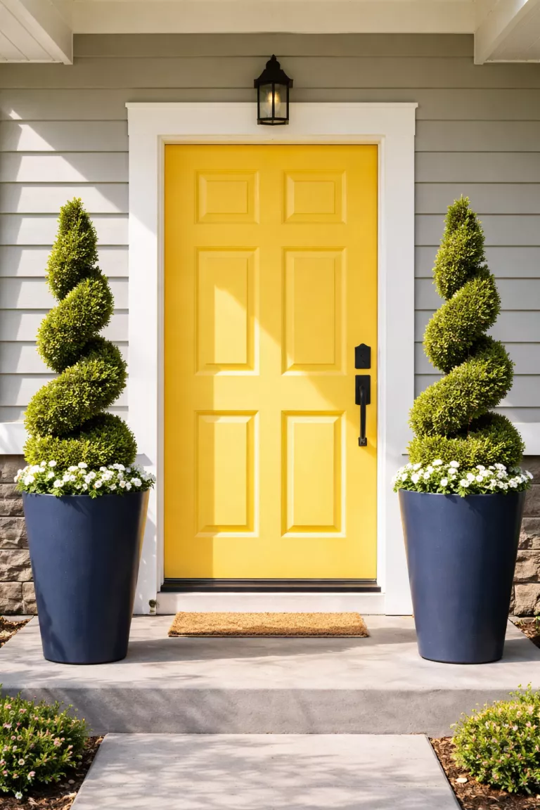 A realistic photo of a front yard with two identical tall navy blue planters sitting on a grey porch, each containing a spiraled topiary tree and small white flowers at the base, perfectly framing a bright yellow front door in the sunlight.