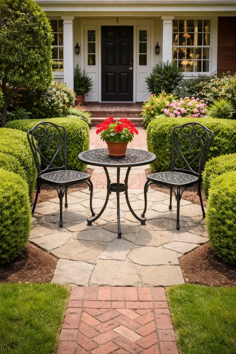 A realistic photo of a front yard stone patio containing a black wrought iron bistro table and two matching chairs, decorated with a small pot of red geraniums, nestled between neatly trimmed boxwood hedges and a brick walkway.