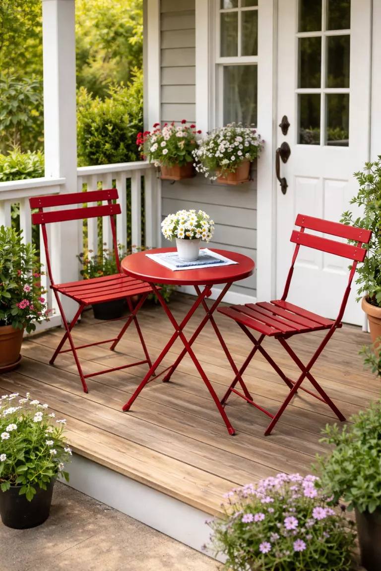 A realistic photo of a front yard small wooden balcony with two red slatted metal folding chairs and a matching small round table, decorated with a tiny pot of white daisies and a striped napkin.