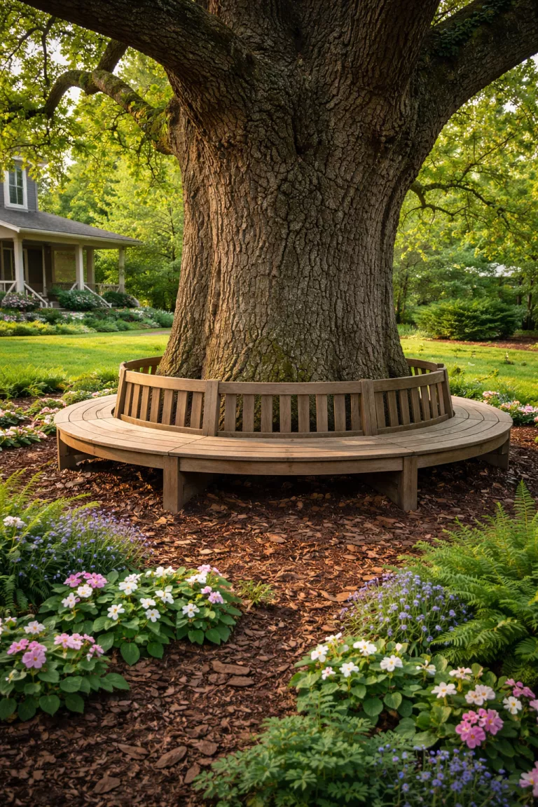 A realistic photo of a front yard featuring a circular wooden bench built entirely around the base of a massive ancient oak tree, with the surrounding ground covered in dark mulch and small woodland flowers.