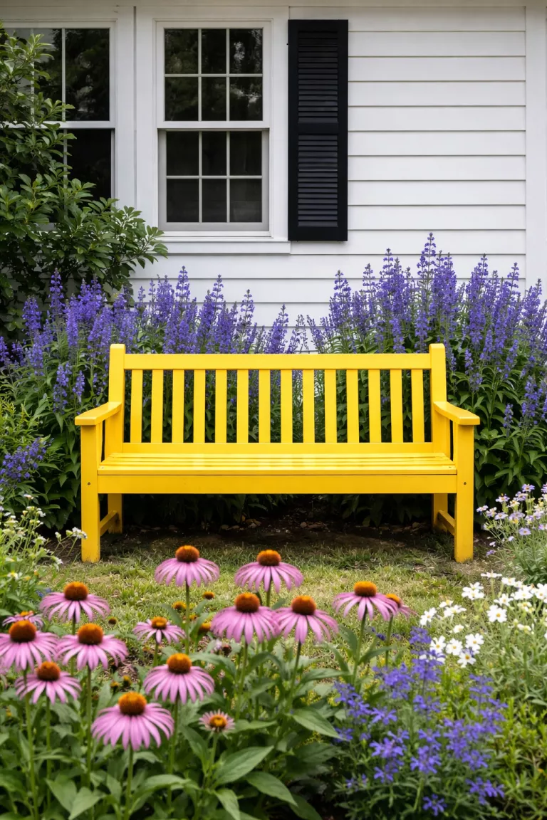 A realistic photo of a front yard showing a classic wooden park bench painted a bright sunny yellow, positioned against a white clapboard house and surrounded by blue salvia and purple coneflowers.