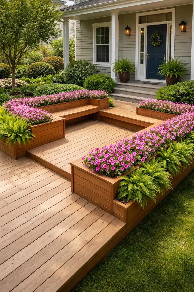 A realistic photo of a front yard wooden deck with integrated wrap around benches that double as large planters filled with bright pink petunias and green ferns, creating a seamless transition between seating and garden greenery.