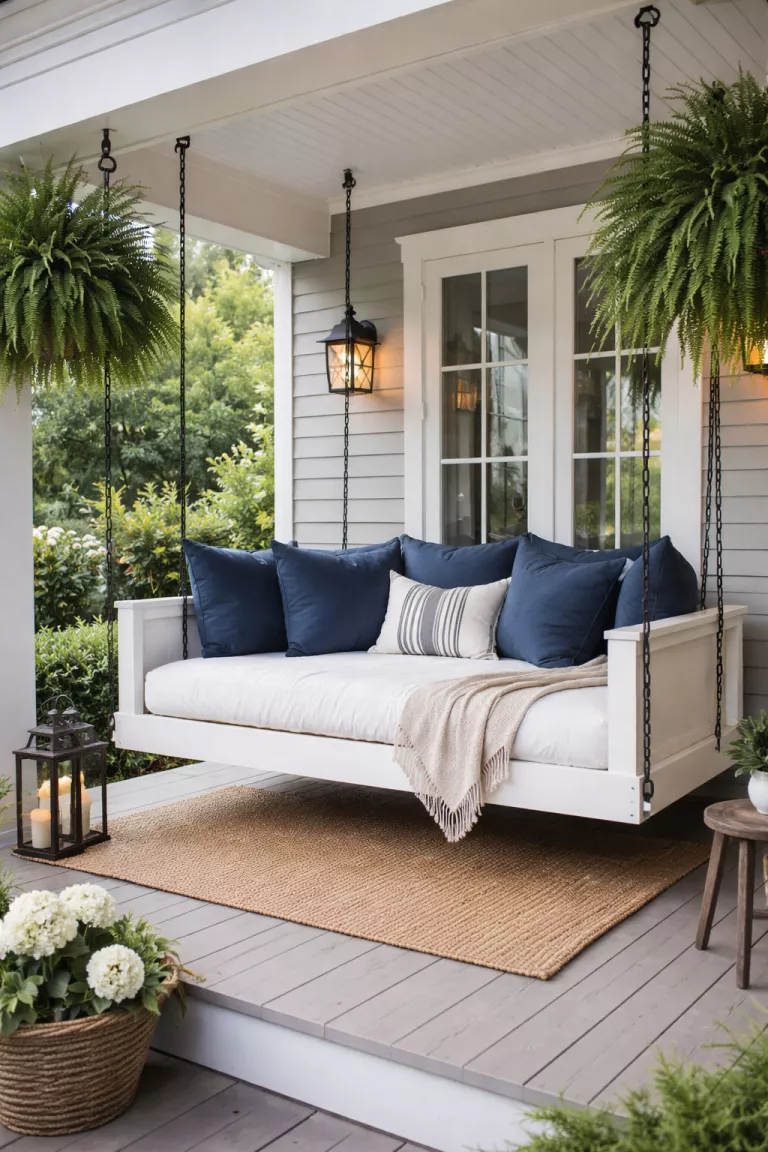 A realistic photo of a front yard porch with a large twin size daybed hanging from black chains, featuring a white mattress cover and several oversized navy blue pillows, surrounded by hanging ferns.
