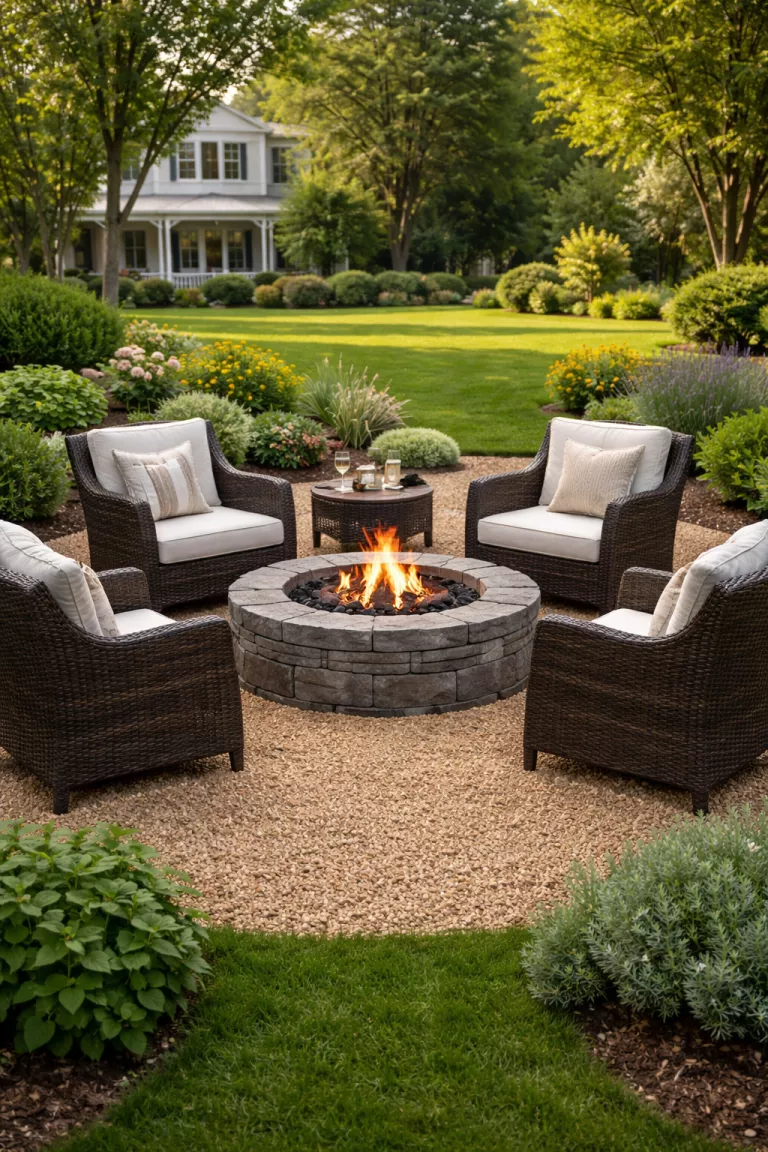 A realistic photo of a front yard featuring a circular arrangement of heavy grey stones forming a fire pit, surrounded by four dark brown wicker armchairs with cream cushions on a bed of crushed tan gravel.