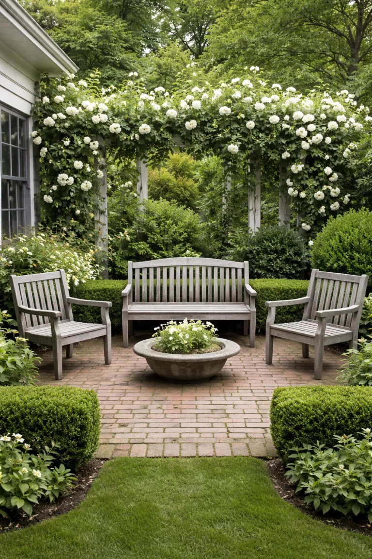 A realistic photo of a front yard with a weathered grey teak bench and two matching armchairs arranged in a semi circle on a brick patio, surrounded by climbing white roses and neatly trimmed hedges.