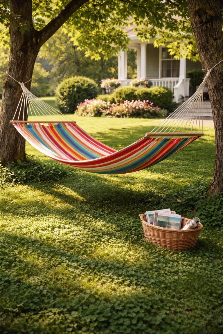 A realistic photo of a front yard with a colorful striped woven hammock stretched between two sturdy maple trees, casting soft shadows over a patch of green clover and a small wooden basket filled with magazines.