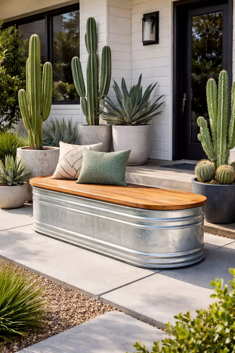 A realistic photo of a front yard featuring a galvanized metal stock tank converted into a bench with a custom wooden seat, placed on a modern concrete patio with several large cactus plants in pots.