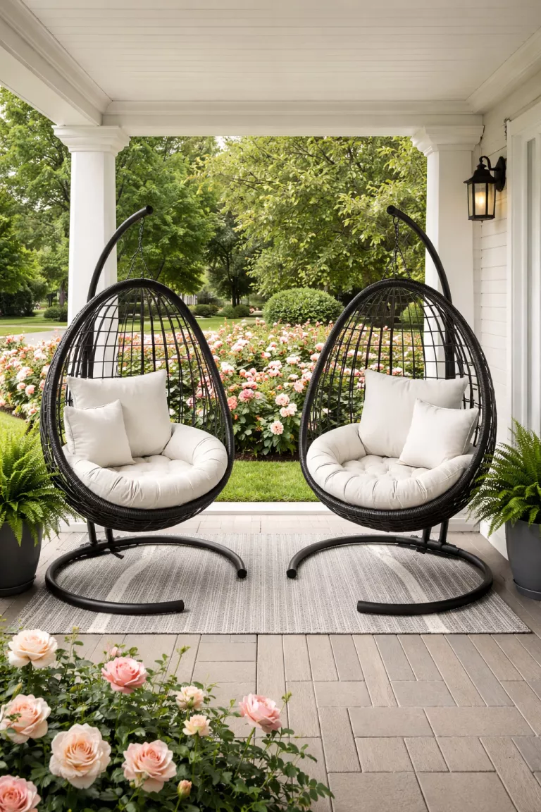 A realistic photo of a front yard porch with two modern black resin egg chairs hanging from sturdy metal stands, fitted with thick white circular cushions and overlooking a neatly manicured rose garden.