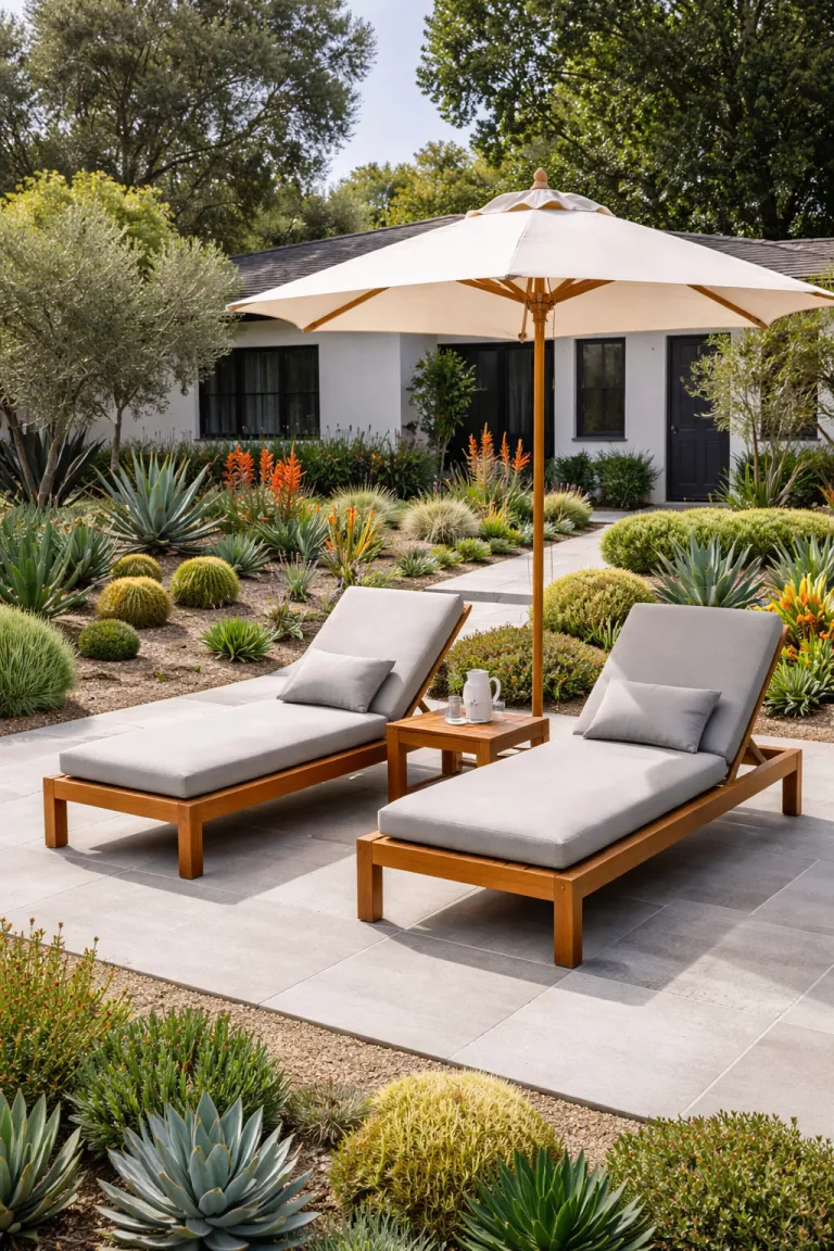 A realistic photo of a front yard paved area with two sleek wooden chaise lounges featuring adjustable backs, placed next to a small side table and a large umbrella, overlooking a drought tolerant succulent garden.